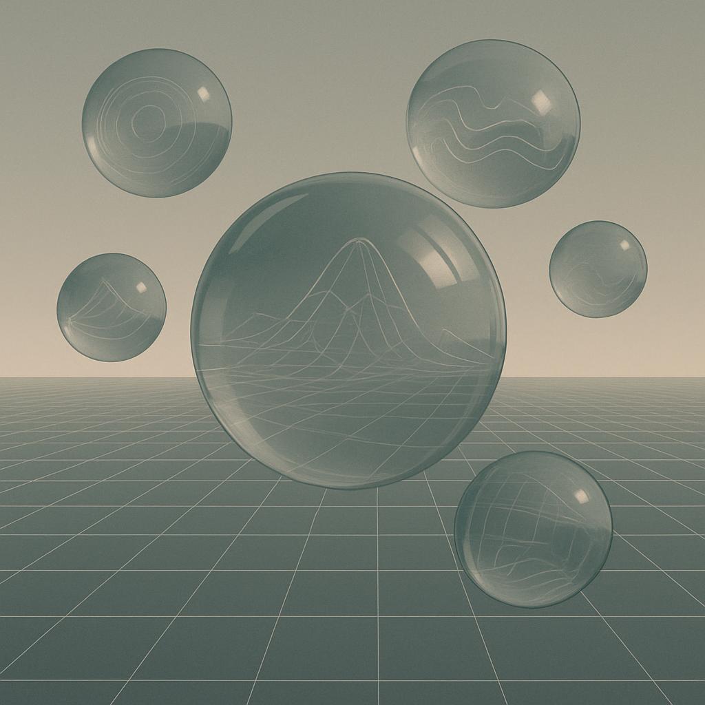 complex geometry illustration of six glass spheres suspended above a grid, with reflections https://www.google.com/search?...