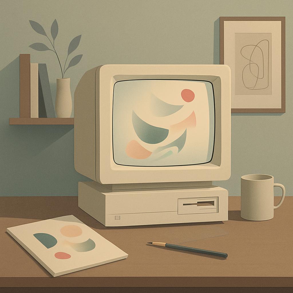 Illustration of a retro beige computer with a geometric art design on the screen in a home workspace with earth-toned furn...