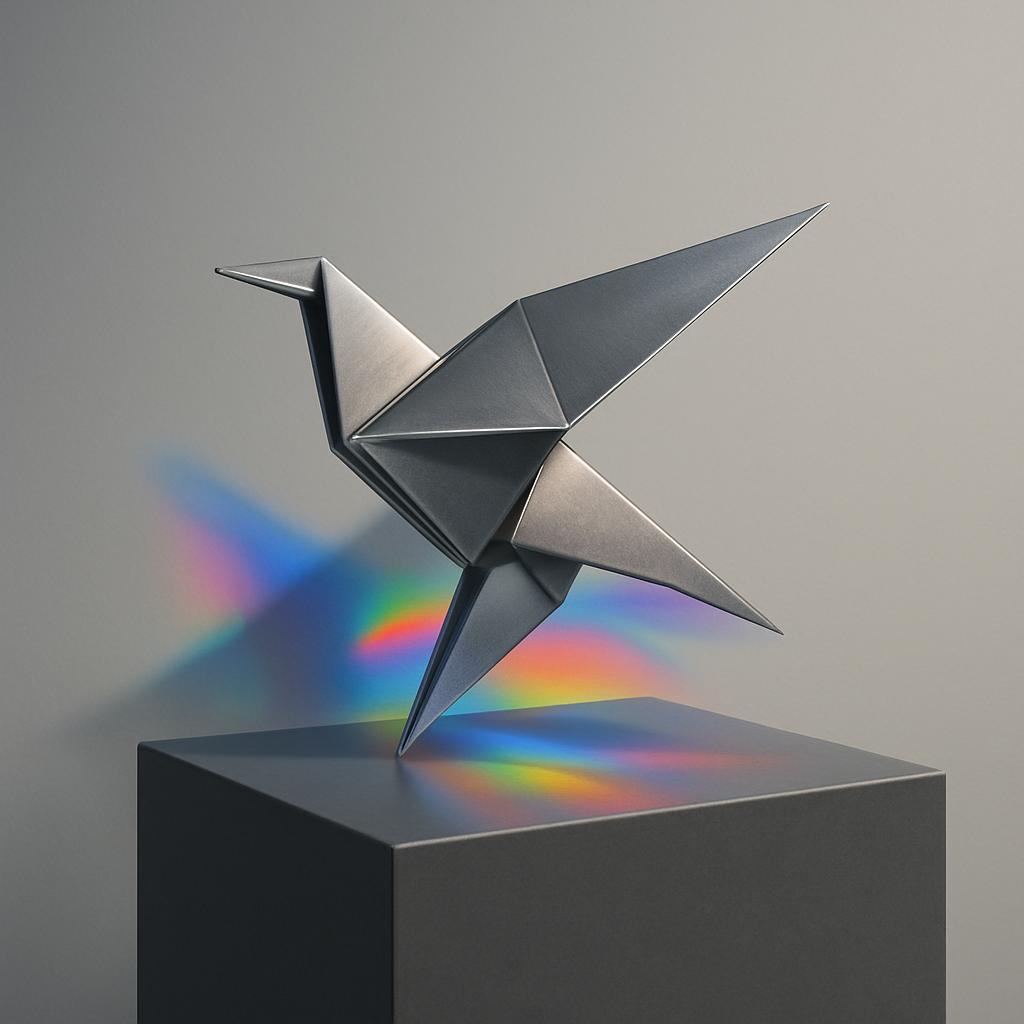 A metal sculpture of an origami hummingbird sitting on a grey pedestal, with a rainbow reflection at its left front corner...
