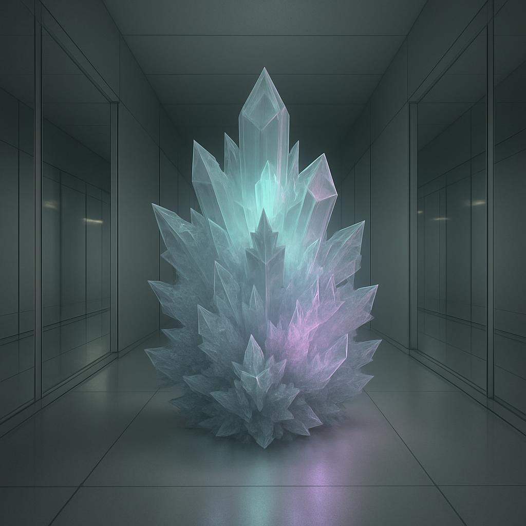 An image of an artificial blue crystal illuminated in the dark hallway of a futuristic building. Crystal Realistic europag...