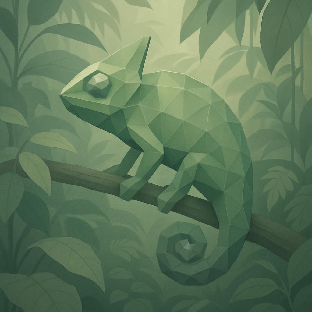 An illustration of a low-poly, geometric chameleon amidst jungle foliage. The chameleon is depicted in muted greens, with ...